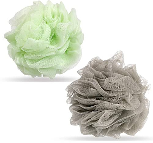 Valby Loofah Exfoliating Bath Sponge – Shower Puff, Body Poufs, Shower Sponge, Shower Scrunchie Set of 2 Body Scrubbers (Grey/Mint)
