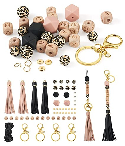 Beadthoven 54 Stück Leopardenmuster Silikon Runde Polygonale Perlen Mama Buchstaben Holzwürfel Perlen mit Lederpinsel Schlüsselanhänger Verschlüsse für DIY Muttertag