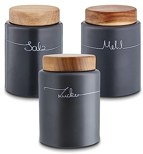 KHG Mehl Zucker Salzaufbewahrung, Vorratsdosen-Set 3-teilig, Holzdeckel | Keramik Steingut, anthrazit grau, Holzdeckel Bambus, Mehltopf Zuckertopf Salztopf, Verschluss luftdicht, BPA-frei