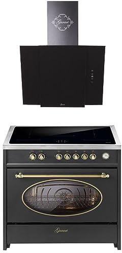 GURARI Induktions-Standherd E 913 RU BL+ GCH S 171 BL 90 Prime, Retro Range Cooker 90 cm/FLEX ZONEN/ 5 Zonen / 121L + Dunstabzugshaube 90 cm