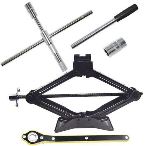 QISF 2-Tonnen-Scherenwagenheber mit Wagenheber-Ratschenschlüssel, arbeitssparendes Design – Teleskop-Radmutternschlüssel, 4-Wege-Sperrradmutter-Entfernungswerkzeug mit 17 mm, 19 mm, 21 mm, 23 mm