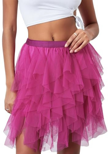 shownicer Damen Rock Tüll Unregelmäßig Unterrock Lagenrock Ballett Abschlussball Party Faltenkleid A-Linie Midirock High Waisted Rock A Rose Rot M