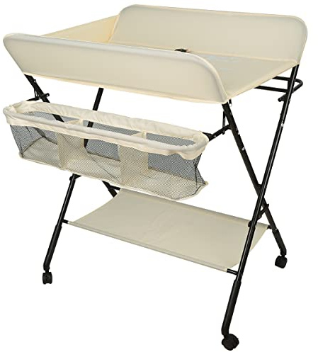 Wickelkommode Klappbar Babypflegetisch mit Sicherheitsgurt Ablagefächern, Mobiler Wickeltisch, Tragbar Wickeltisch, Babybett mit Wickelkommode, Baby Stilltisch Platzsparend & Stabil (80*66*98cm-Beige)