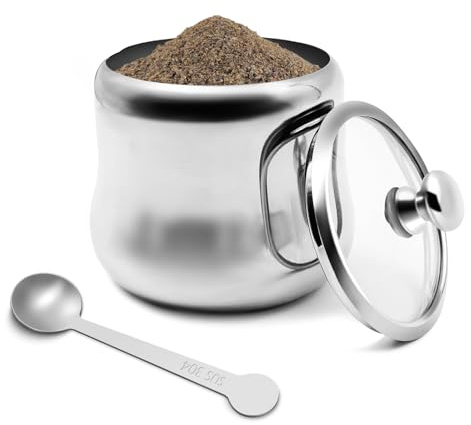 LYHLYA 300ml Zuckerdose 304 Edelstahl Gewürzdose Haus Gewürzdose Metall Dose Küche Zuckerbehälter mit Deckel und Löffel für Gewürze, Zucker, Kaffee, Tee, Pfeffer