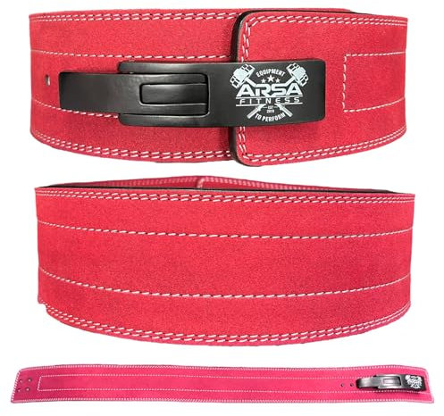 Arsa Fitness Gewichthebergürtel, verstellbar, für Damen und Herren, echtes Wildleder, für Powerlifting, Rückenstütze, Workout, Kreuzheben, Kniebeugen, 10 mm dick, 10,2 cm breit, Rot, Größe L
