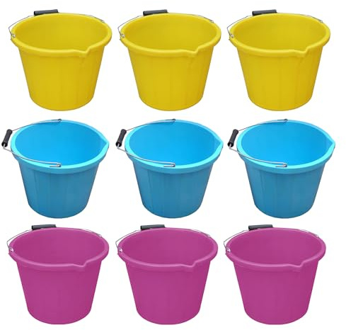 [3x Yellow + 3x Sky Blue + 3x Pink] - Heavy Duty Plastic Bucket with Metal Handle, 3 Gallon (14 Litre) Household Bucket with Spout and Easy Grip Handle, Multipurpose Bucket For Cleaning & Gardening.