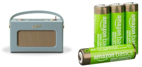 Roberts Revival RD70DE FM/DAB/DAB+ Digital Radio with Bluetooth - Duck Egg & Amazon Basics AA High-Capacity Rechargeable Batteries, NiMh, Pre-charged - 4 Pack (Appearance may vary)