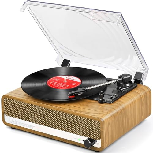 Udreamer Record Player with Speaker Bluetooth Turntable Vintage Vinyl Player Support USB AUX-in Headphone RCA Line-Out 3 Speed Belt-Driven Auto-Stop Mirror Design Golden