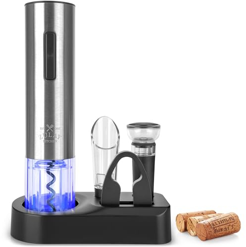 Zulay Kitchen Rechargeable Electric Wine Opener Set with Storage Base - Automatic Corkscrew Wine Bottle Opener, Pourer, Foil Cutter & Vacuum Stopper - Stainless Steel Wine Gift Set, Silver