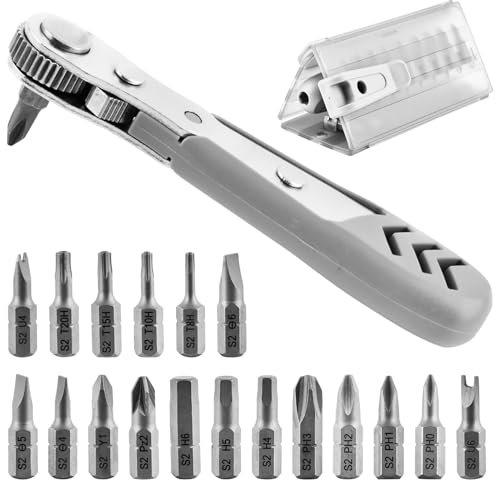 19pcs 90 Degree Ratcheting Screwdriver Set, 1/4 Bit Mini Ratchet Wrench Screwdriver Set with High Torque, Right Angle EDC Tool, Offset Screwdriver Bit Set for Tight Spaces (Grey)