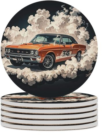 Lot de 6 dessous de verre en céramique - Motif véhicule rétro cool avec fond fumé - Protection de table - Tapis de tasse décoratif pour table basse, cuisine, salle à manger, bar