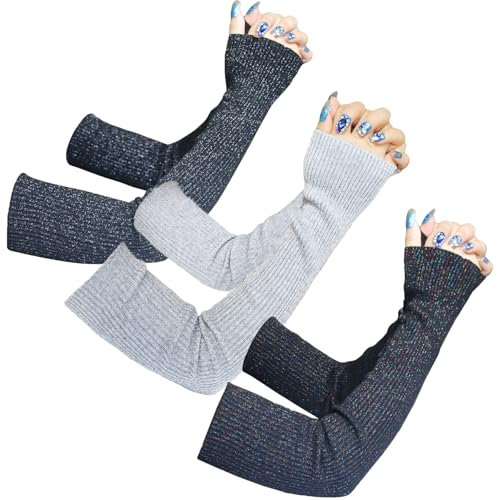 Share Maison Armstulpen für Damen, Wollstrick, Kaschmir, lange fingerlose Armstulpen, 50 cm, Winterhandschuhe, 37 – 3 Paar (Gold- und Silberfaden + Grau), Medium