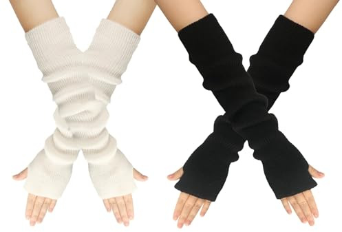 LERTREEUK 2Paar gestrickte Handschuhe Kaschmir Mischung lange Armstulpen Ellbogenstulpen fingerlose Fäustlinge mit Daumenloch (Schwarz+Weiß, L)