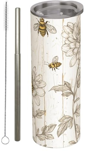 amepay Vaso aislado de acero inoxidable con tapa de abeja y flores, taza de viaje rústica de flores silvestres, popote de metal reutilizable y cepillo, botella de vacío de doble pared para bebidas