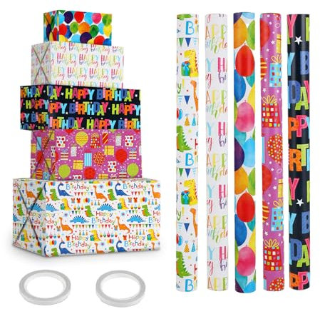 (5 Rollen) Geschenkpapier geburtstag – 43 cm x 300 cm, ideales geschenkpapier kinder jungen, Recycelbares geschenkpapier rolle Erwachsene, für alle Geburtstagsfeiern und Anlässe.