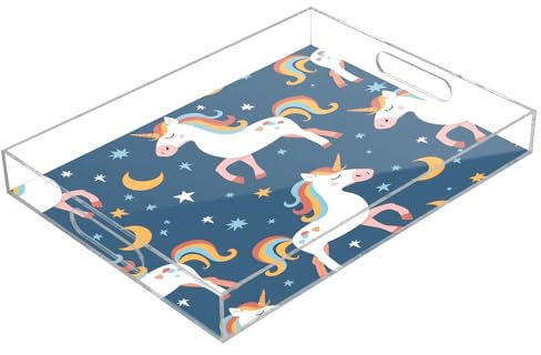 Seamless Unicorn Moon Star Acrylic Serving Trays, Clear Rectangular Tray with Handles Serving Platter for Coffee Table Kitchen Bathroom
