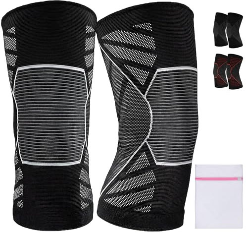 360 RELIEF - 1 Pair Knee Support for Women & Men, Compression Knee Sleeves for Sports, Running, Squats, and Workouts, Flexible & Comfortable Fit, Large, Black/White + Laundry Bag