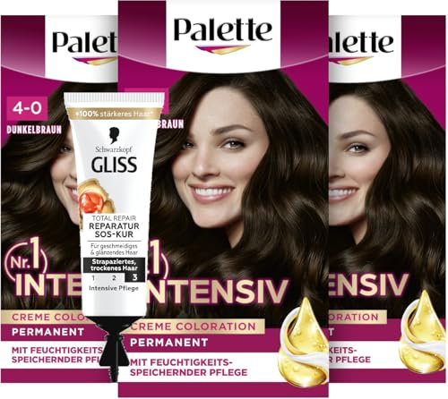 Palette Intensiv Creme Coloration 4-0/800 Dunkelbraun (3x 115 ml), permanente Haarfarbe für leuchtende, langanhaltende Farbbrillanz & SOS-Intensiv-Kur Total Repair (15 ml), Haarkur mit Keratin