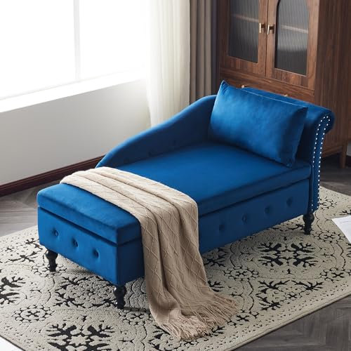 Modernes Samt-Chaiselongue-Sofa mit Stauraum, gepolsterte Couch für Schlafzimmer und Büro, Nagelkopfbesatz und Knopf, getuftet, rechte Armlehne, Wohnzimmermöbel mit Kissen, Blau