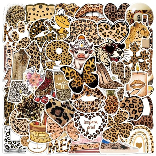 50PCS Leopard Print Stickers for Laptop Scrapbook Guitar Water Bottles Guitar Luggage Skateboard Helmet Phone Car Bumper,Leopard Aesthetic Waterproof Decals for Women Adults Kids Teens