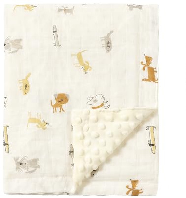 CREVENT Organic Muslin Cotton Baby Blanket for Newborns, Soft Mink Backing, Essential for Baby Shower Birthday Gift - Animal 75X100cm
