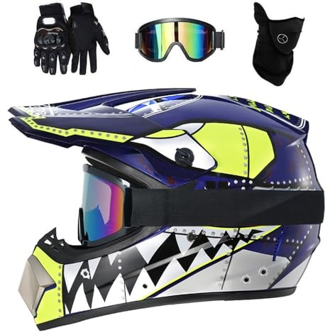 Gioventù Bambini Casco da Motocross, con Occhiali Guanti Maschera, Unisex Integrale Fuori Strada Strada Corsa Moto Caschi, Discesa Enduro BMX MTB ATV Quad Dirt Bikes Casco(Blue,S/52-53CM)