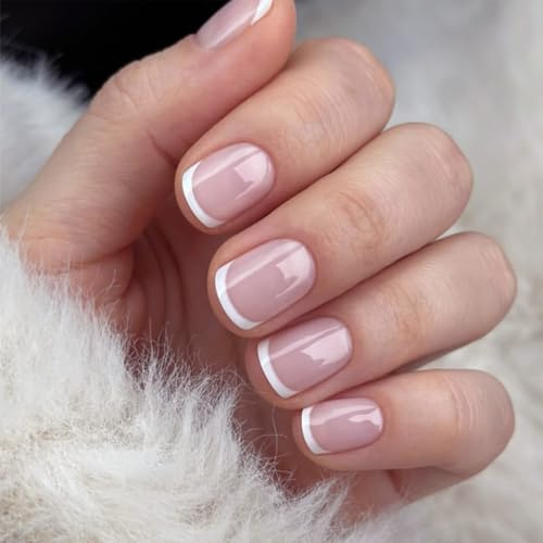 French Tip Press on Nails - 24Pcs Square False Nails Short - Nude Pink French Fake Nail - Glossy french Nail Tips with Nail Glue - Squoval Stick on nails for Women