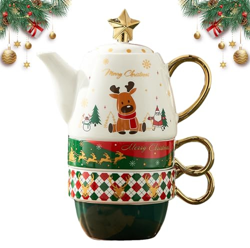 Teekanne Mit Tasse Teekanne Keramik 2 Tassen Set Weihnachtsmann Tea for One Set Edle Verpackung in Geschenkbox Kaffee Latte Milch Tee Blume und Früchtetee Teeservice (Elch)
