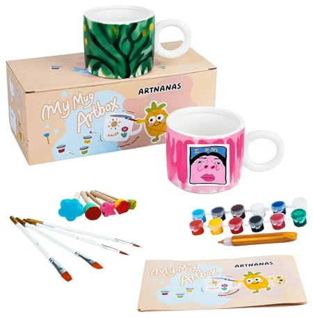 Artnanas Keramik Tassen Bemalen set mit Hochglanz Porzellanfarbe, 2er Mug Cup DIY set Erwachsene Spülmaschinenfes, Kreativ Painting Geschenk für Eltern-Kinder/Liebhaber/Freund (ohne Deckel)