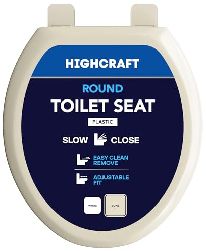 HIGHCRAFT Premium Round Toilet Seat with Slow-Close Design, Adjustable Hinges & Quick Removal Mechanism - Molded Plastic Toilet Seat - Fits Standard Round Toilets - Toilet Seat in Bone/Beige