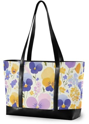 KLL Bolsa de mano simple de flores de pensamientos naranja y morado con compartimentos con cremallera, bolso grande para mujer, para trabajar con tablet, portátil de 14 pulgadas