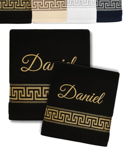 2er Pack Personalisiertes Handtuch und Badetuch mit Namen und dekorativer Stickerei Schön gestickter Name Handbadetuch 100 % Baumwollhandtuch 50x100 cm+140x70 cm Personalized Towel with Name (Schwarz)