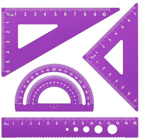 MSDADA 4 Stück Metall Lineal Set 15cm Kleines Lineal Winkelmesser Dreieck Mathematik Geometrie Set Skala Lineal Set für Schüler Lehrer Ingenieure und Zeichner(Violett)
