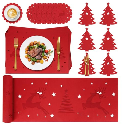 19 Stück Weihnachtsläufer Set, Tischset WeihnachtenTischläufer Weihnachts Bestecktasche, Platzsets Weihnachten, Tischsets Filz Tischuntersetzer, Tischdeko Weihnachtsdeko Innen, Rot