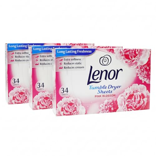 Lenor 3 Pack Fabric Conditioner Dryer Sheets Pink Blossom 34 Sheets Each | Long-Lasting Fresh Floral Scent | Reduces Static Cling | Softens Fabrics | Tumble Dryer Freshness Booster