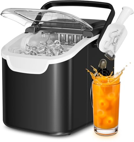 Countertop Ice Maker with Handle, 12KG/24Hrs, 8 Ice Cubes in 6 Mins, Selectable S/L Ice Size,Auto-Cleaning, Portable with Ice Basket & Scoop for Home/Kitchen/Camping/RV