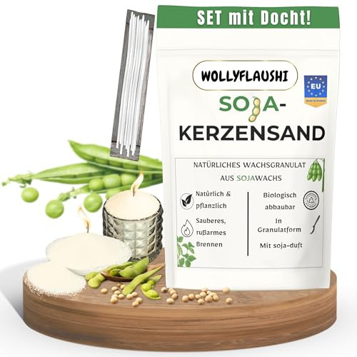 wollyflaushi Sojawachs Kerzensand 1 kg mit Docht Kerzenwachs Pflanzlich | Pflanzliche Wachs aus Soja - Rußarm lange Brenndauer, mehrfach verwendbar - Kerzenwachsgranulat Natur eigenduft