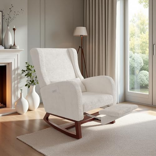 Schaukelstuhl mit Fußstütze, Stillsessel mit Lendenkissen und Seitentasche, Schaukelstuhl mit Beinen aus Massivholz, für Schlafzimmer, Wohnzimmer, Stoff, Velours, Beige