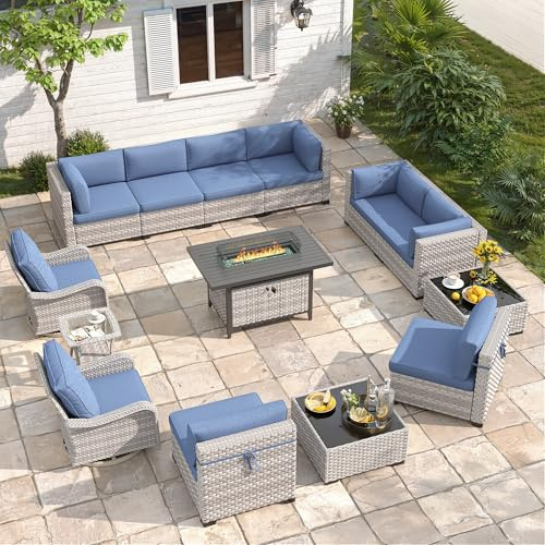 MAISON BACKYARDS 10-Seat Outdoor Wicker Patio Furniture Set with Fire Pit Table, Modular Rattan Sectional Sofa & 2 Swivel Rocking Chairs, 4 Thick Cushions, Rust-Resistant Frame,Navy