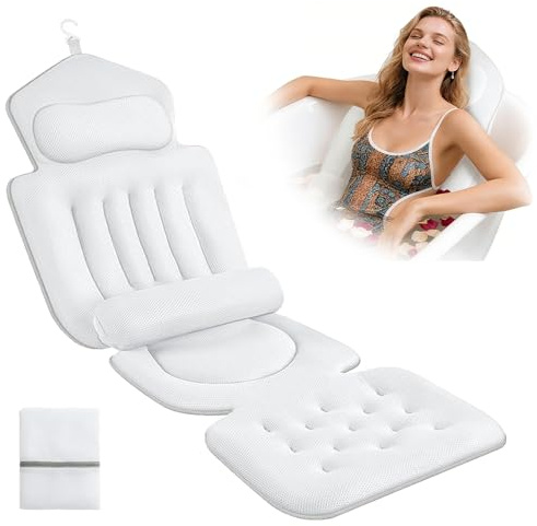 Cnwinu Full Body Bath Pillow Mat & Non-Slip Cushion,White Bath Pillows for Head and Neck with Soft 5D Air Mesh and Powerful Suction Cups,Headrest Neck and Shoulder Support Bath Pillow for Bathtub