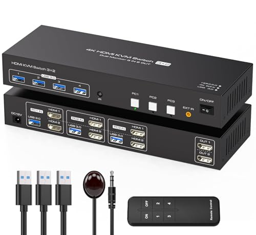 TJCXELE 4K60Hz HDMI KVM Switch 2 Monitors 3 Computers USB 3.0 KVM Switch Dual Monitor Simulation EDID for Triple Computers Sharing 4 USB Devices with Cables Remote Controls SW330