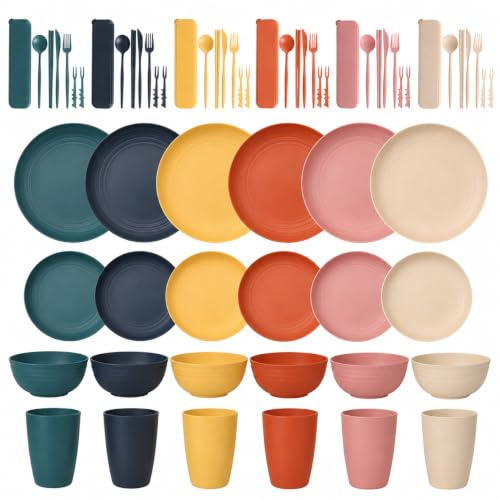 Set di stoviglie da campeggio da 66 pezzi, per 6 persone, in plastica senza BPA, in mix di macaron, piatti, ciotole, bicchieri e piccoli piatti rotondi per picnic, giardino, campeggio