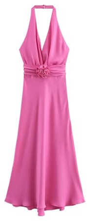 OPIGJUFD satinklänning sommar damer nackhållare satin midiklänningar med sublim blomma multiway bälte djup v-ringad sexig öppen rygg bröllopsgäst festklänningar för fester, ROSA, S
