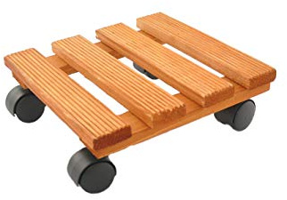 RADO WOOD Natural Wooden Plant Pot Caddy - 25x25 cm Riffled - Vintage style - Garden Plant Pot Trolley - Stand Mover Dolly on Wheels