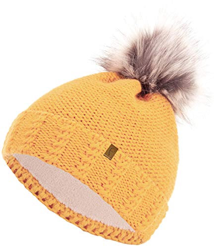 Faera Wintermütze warm gefüttert mit Kunstfell Bommel-Mütze Fleece-Futter Winter Strick-Mütze Beanie-Mütze Damen Herren One-Size, Farbe:Senf