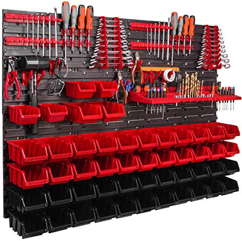 Werkstattregal 1152 x 780 mm Stapelboxen Lagersystem Wandregal Werkzeughalterungen Schüttenregal Sichtlagerkästen Extra Starke Wandplatte Regal Erweiterbar Lagerregal (50 Boxen rot/schwarz)