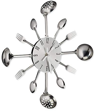 Relaxdays Wanduhr Besteck, Küchenuhr Löffel, Gabel & Kelle, Ø 40 cm, batteriebetrieben, mit Ticken, Besteckuhr, silber