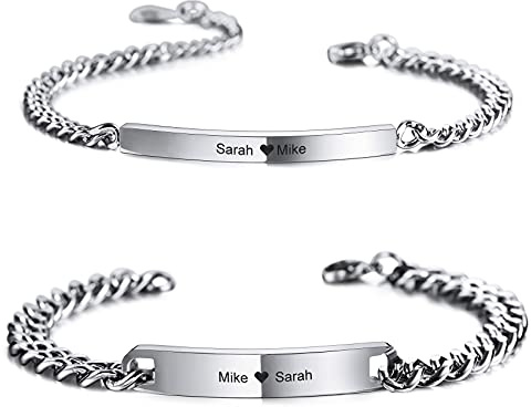 MunkiMix 2 Stück Personalisierte Paar Armbänder Set Benutzerdefinierte Gravur Name für Männer Frauen Freund Freundin Edelstahl Bar Einstellbare Bordstein Link Liebe Beziehung Geschenk