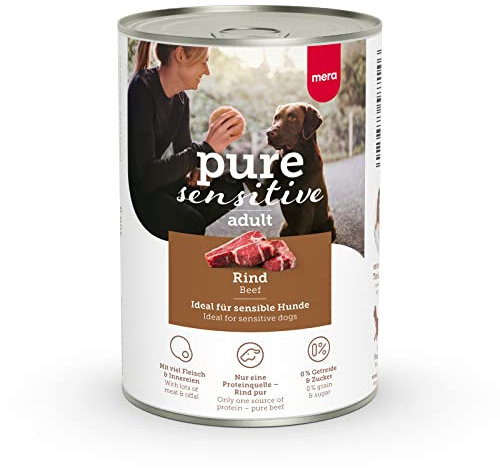 MERA Pure Sensitive Rind (6x400g), Hundefutter nass mit hohem Fleischanteil und getreidefrei, Nassfutter aus 100% tierischem Protein für Sensible Hunde, Single Protein