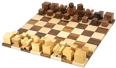 1923 Bauhaus Combo Schachset - Goldenes Rosenholz Schachfiguren + Schachbrett